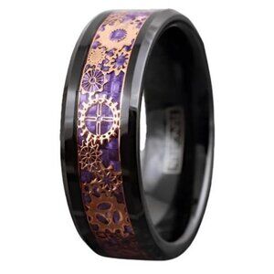 Men's Wedding Band Rings Black Rose Gold Plated Steampunk Clockwork Gears Purple